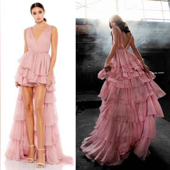 Mac Duggal Pink High Low Ruffle Tiered Gown with Built in Bodysuit Size 2 55320 - Picture 1 of 14